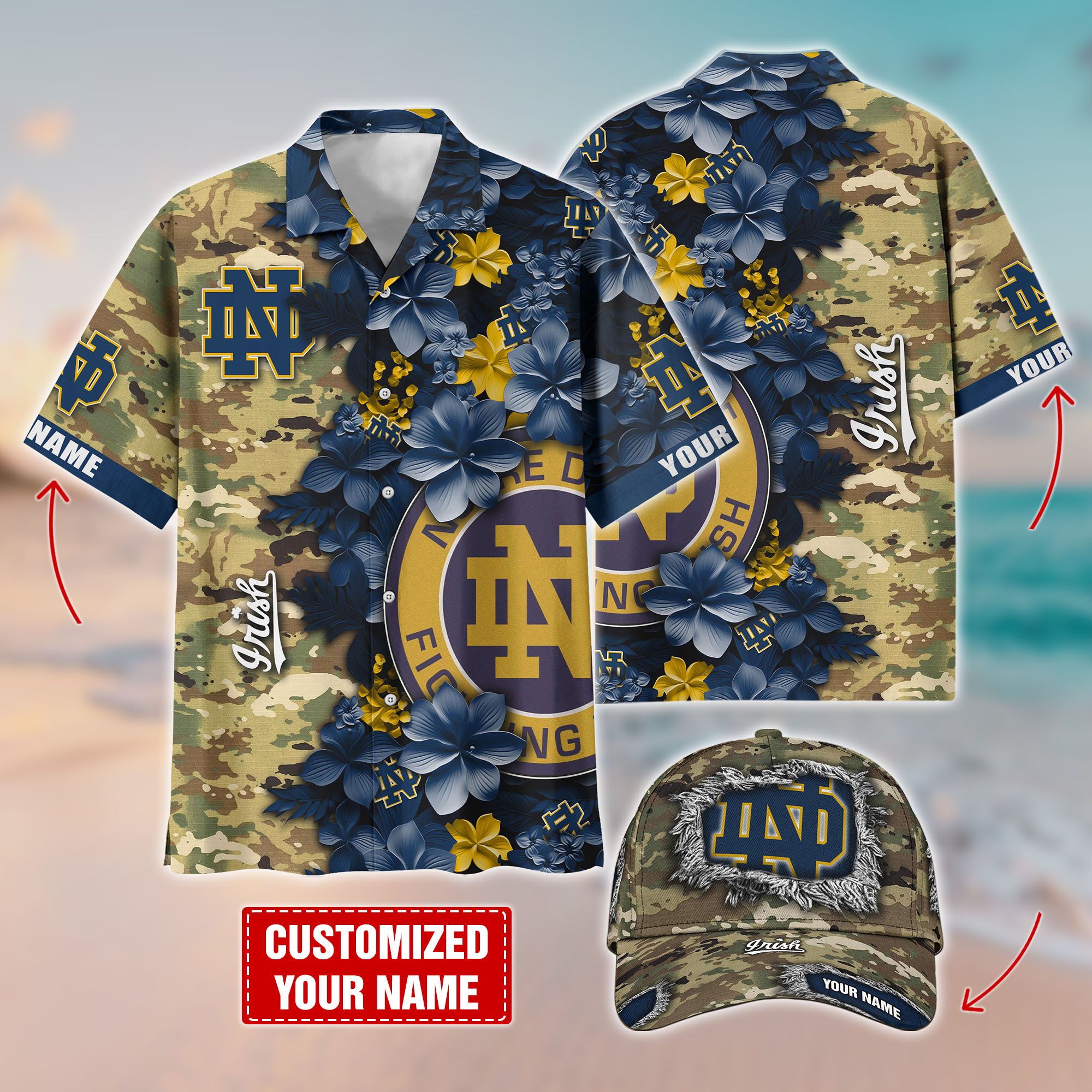 Notre Dame Fighting Irish Customized Cap And Hawaiian Shirt Hot Trending. Gift For Fan T58536